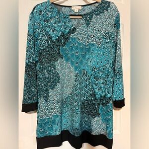 Misia Turquoise Black Print Tunic Blouse Size Medium 3/4 Sleeve